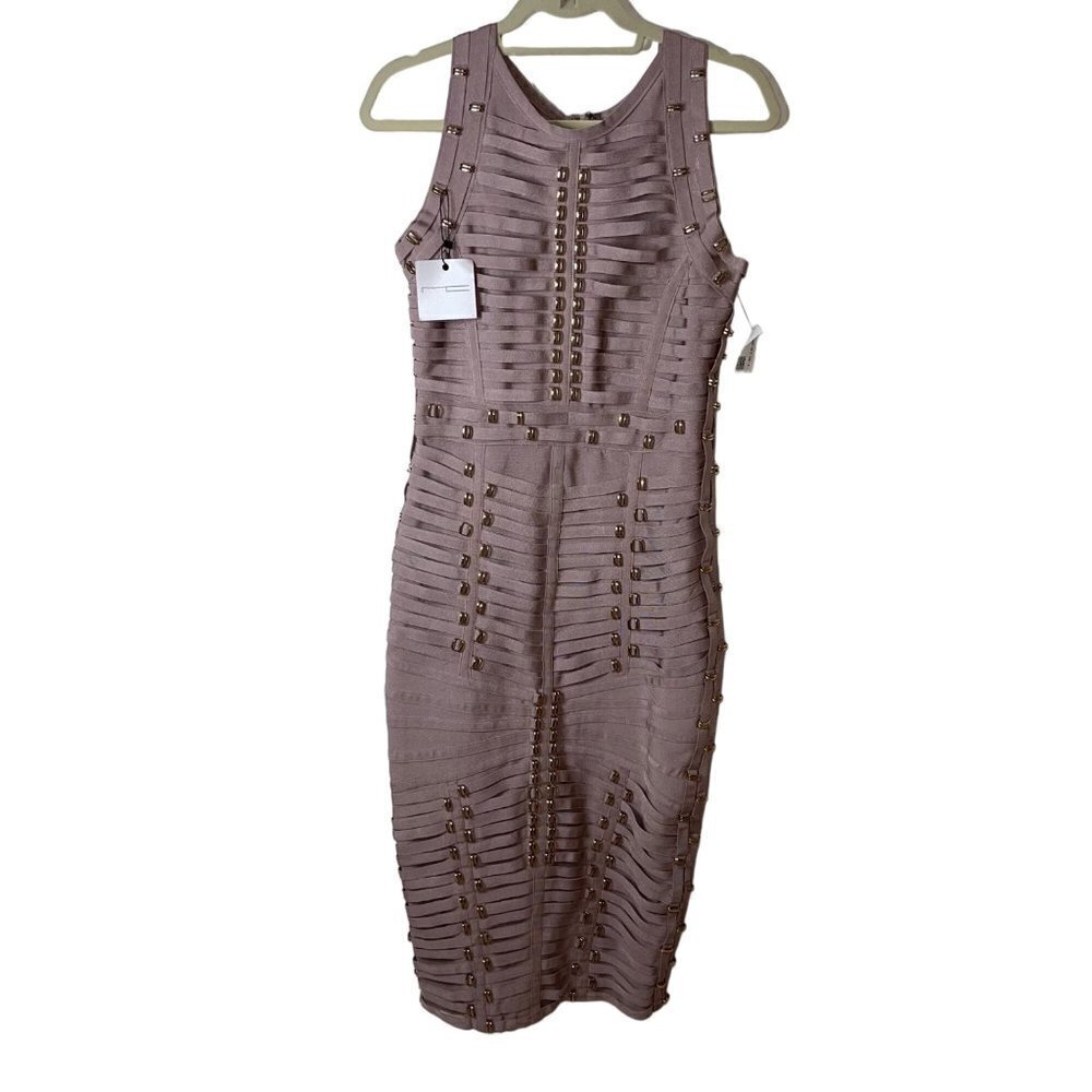 Michael Costello Womens Dress Size Large Blush Bondage Body Con Midi Gold New